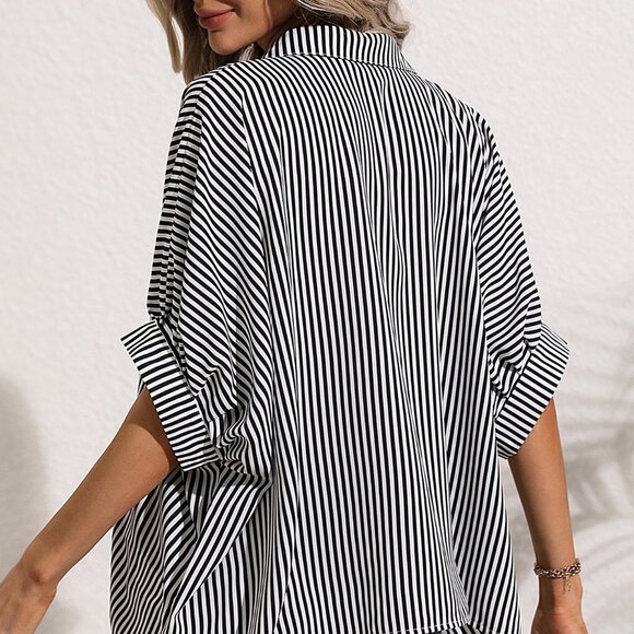 Black & White Casual Womens Striped Print Batwing Sleeve Shirt - Picture 2 of 5